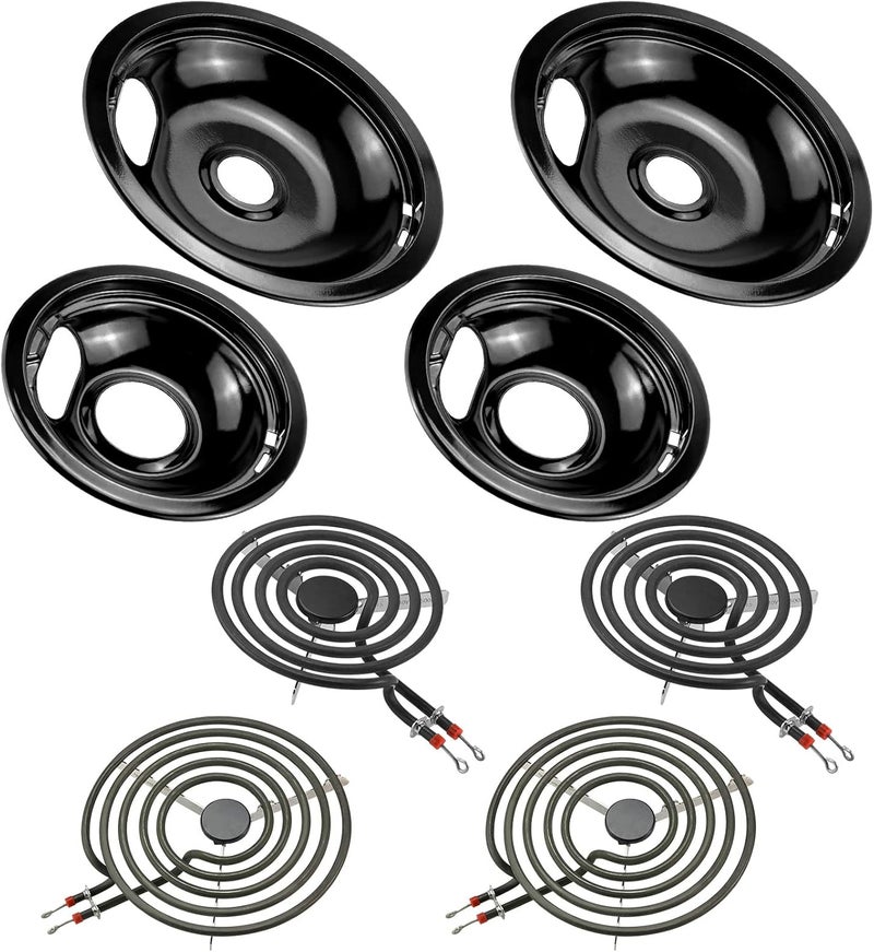 Fetechmate W10290350 W10290353 Porcelain Burner Drip Pans and MP22YA Electric Range Stove Element Set Replacement for Ama-na Whirl-pool Electric Range Stove Top Replace W10288051 Black Burner Kit by - Image 1
